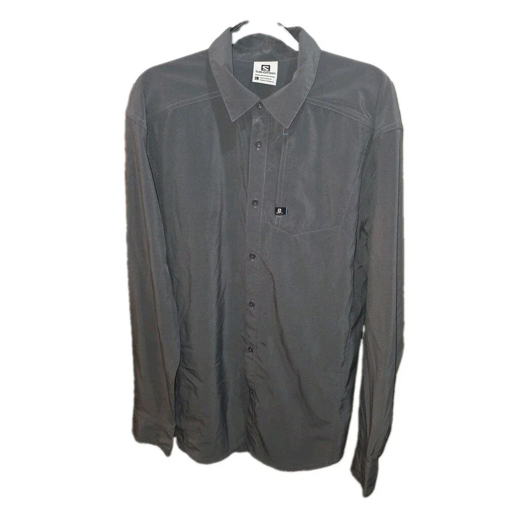 SALOMON Sz L Dark Gray Button Front L/S Logo Casual Outdoor Trail Cycling Shirt